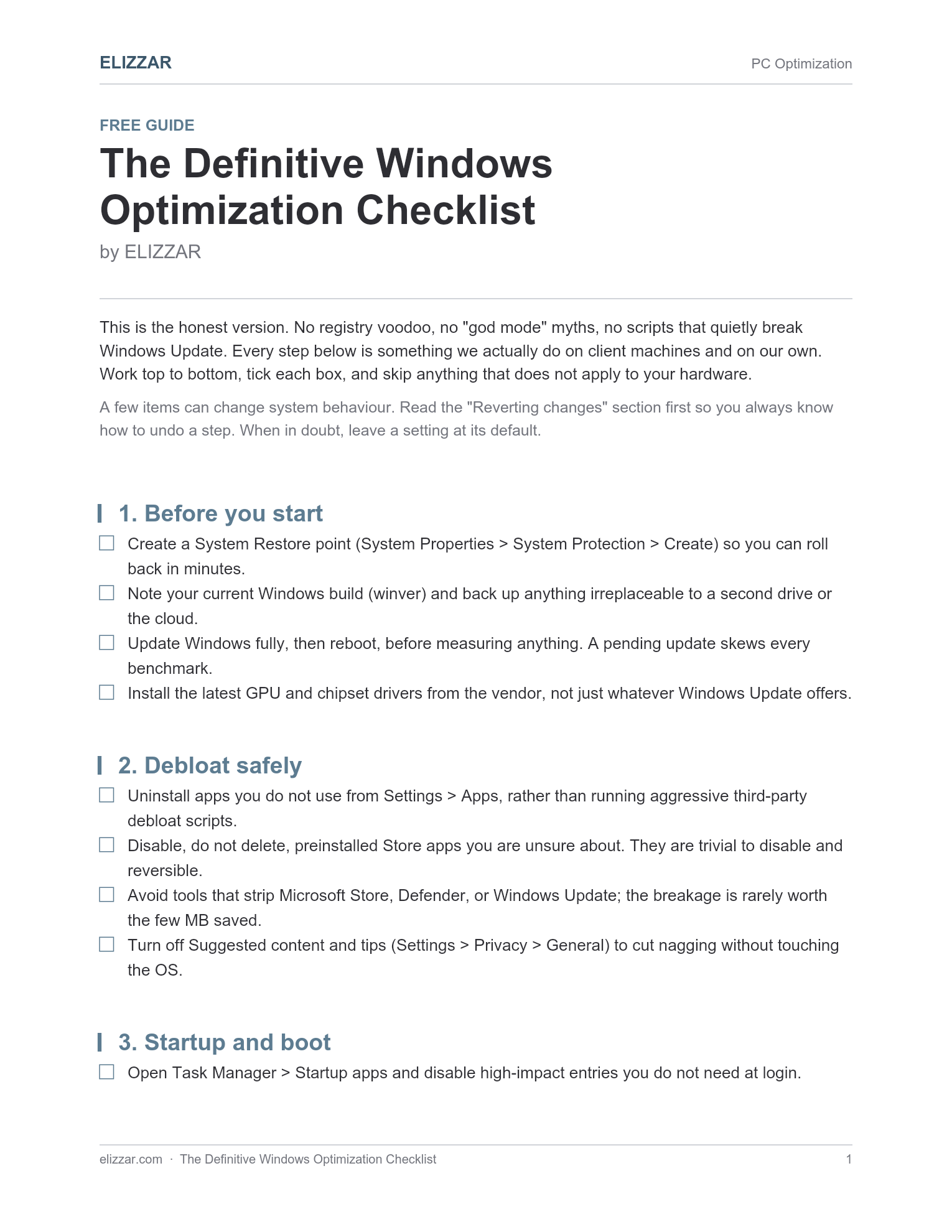 Free Windows Optimization Checklist — PDF cover